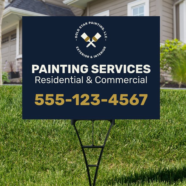 House Painter Crossed Paint Brushes Gold and Navy Sign (painting business yard sign)