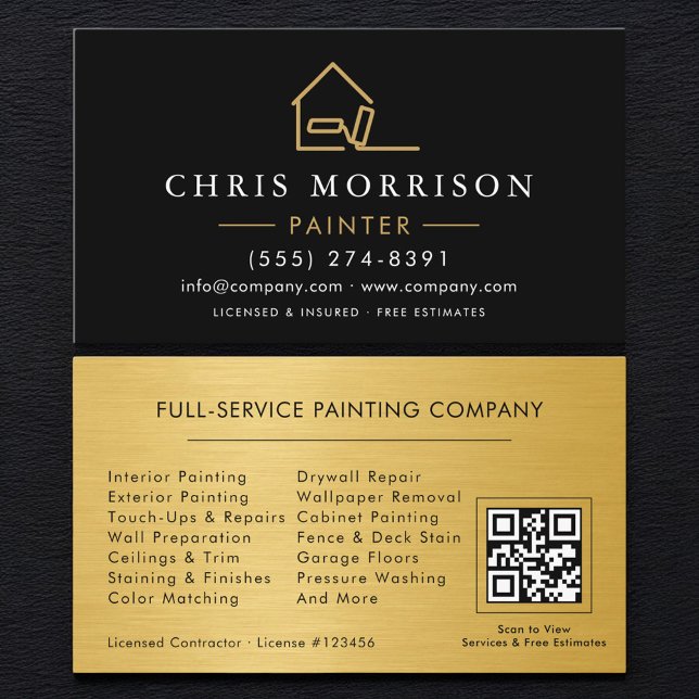 House Painter Gold Roller QR Code Business Card (Creator Uploaded)