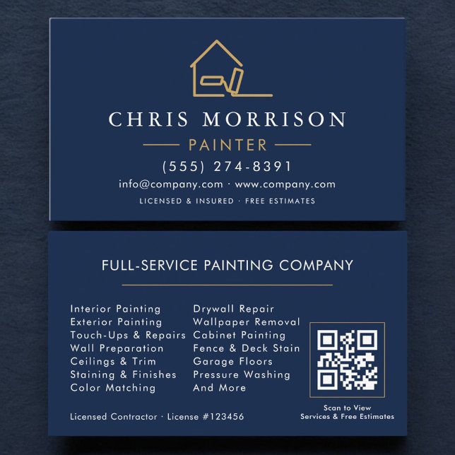 House Painter Navy Blue Gold QR Code Business Card (Creator Uploaded)
