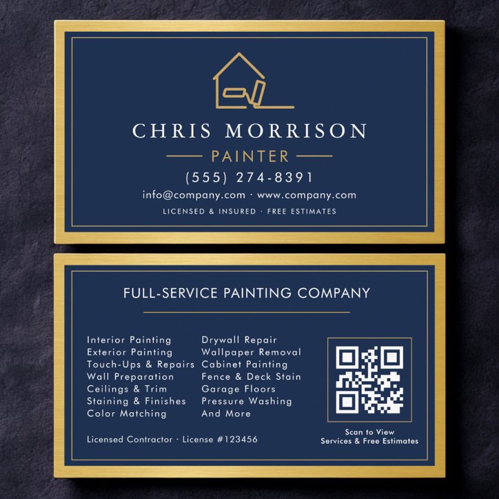 House Painter QR Code Gold Blue Metal Painting Business Card