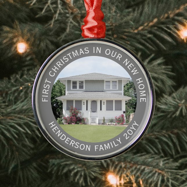 House Photo First Xmas New Home Name & Year Gray Metal Ornament (Creator Uploaded)