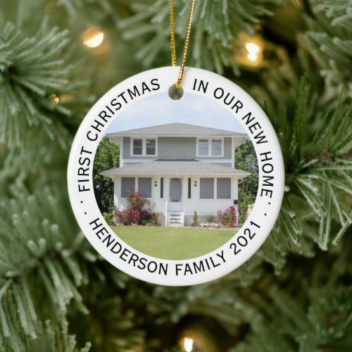 House Photos First Xmas New Home Name & Year White Ceramic Ornament - Celebrate the joy of your new place with a custom 2 photo "First Christmas in our New Home" black and white round ceramic ornament. Wording and pictures on this template are simple to personalize. (IMAGE & TEXT DESIGN TIPS: 1) To adjust position of wording, add spaces at beginning or end. 2) To center the photo exactly how you want, crop it into a square shape before uploading to the Zazzle website.) Design features an elegant white border, modern minimalist typography family name & year, and 2 images of your choice. This unique family keepsake adds a stylish touch to Xmas home decorations or makes a thoughtful housewarming realtor gift idea. There's no place like a new home for the holidays!