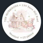 House Pink Snowman Christmas return address label<br><div class="desc">House at Christmas time with pink little snow girl - return address label. You can change text according to your requirements</div>