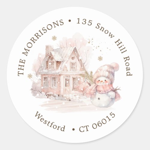 House Pink Snowman Christmas return address label