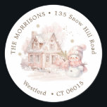 House Pink Snowman Christmas return address label<br><div class="desc">House at Christmas time with pink little snow girl - return address label. You can change text according to your requirements</div>