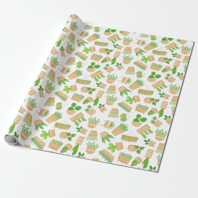House Plants Cactus on White Wrapping Paper (Unrolled)