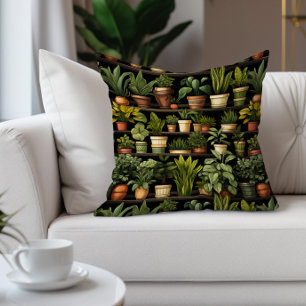 House Plants Gardening Black Green Brown Throw Pillow