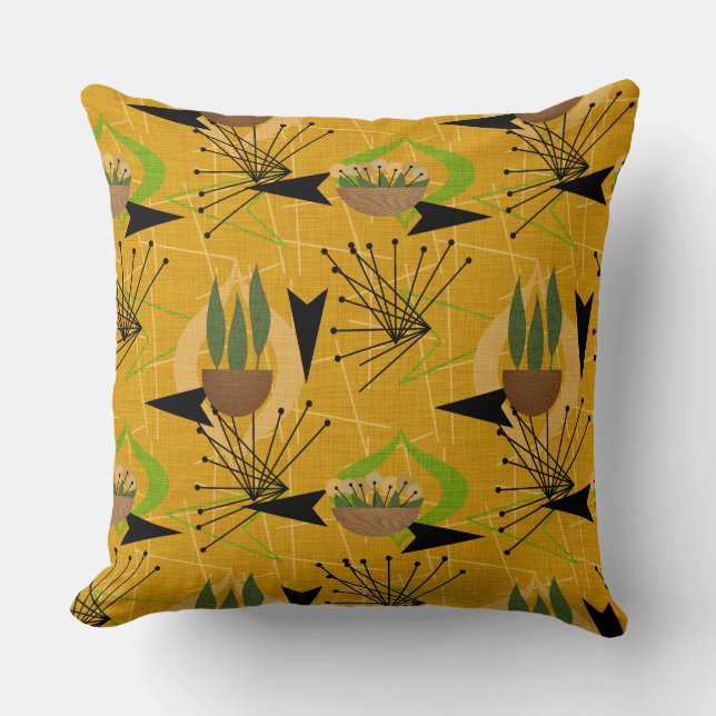 House Plants | Gold Mid-Century | Atomic Style Throw Pillow (Front)