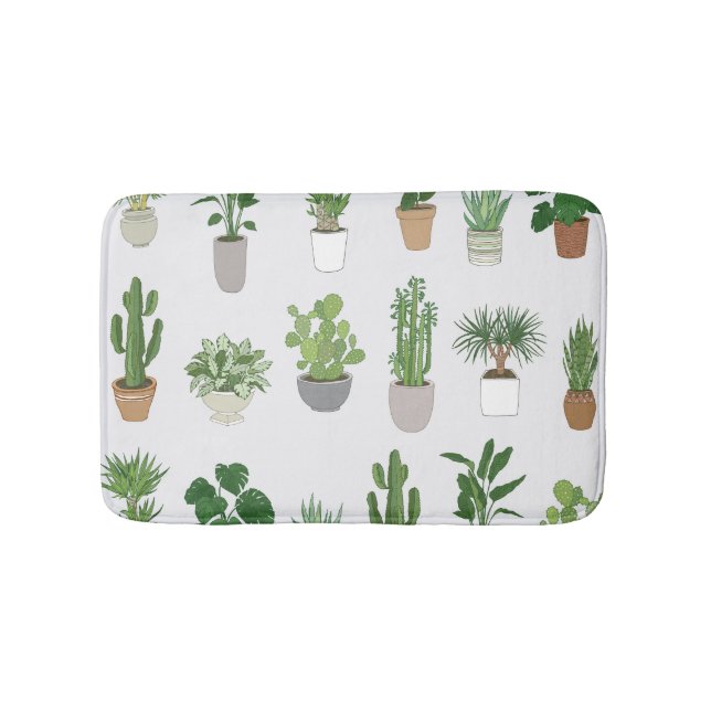 House plants, vintage doodle pattern bath mat (Front)