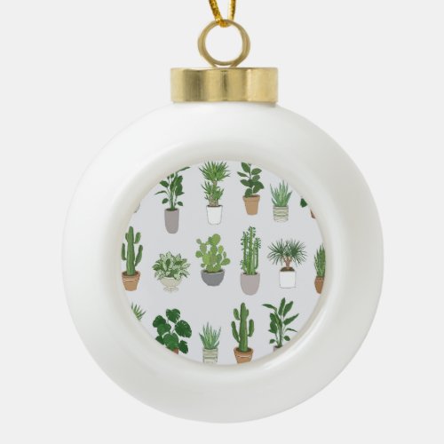 House plants vintage doodle pattern ceramic ball christmas ornament
