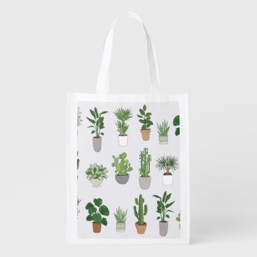 House plants vintage doodle pattern grocery bag