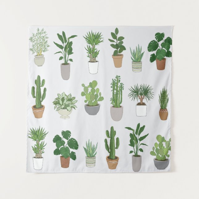 House plants, vintage doodle pattern tapestry (Front)