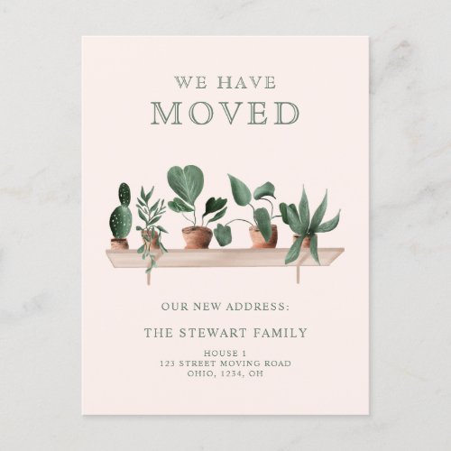 House plants watercolor shelf new home pink moving announcement postcard