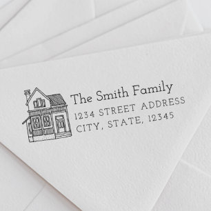 House Portrait Family Name Return Address Rubber Stamp