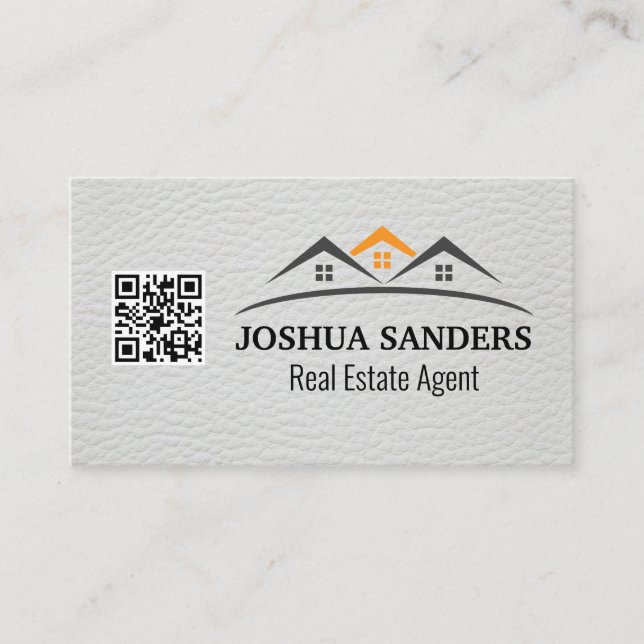 House Real Estate Roofs | White Leather | QR Code Business Card (Front)