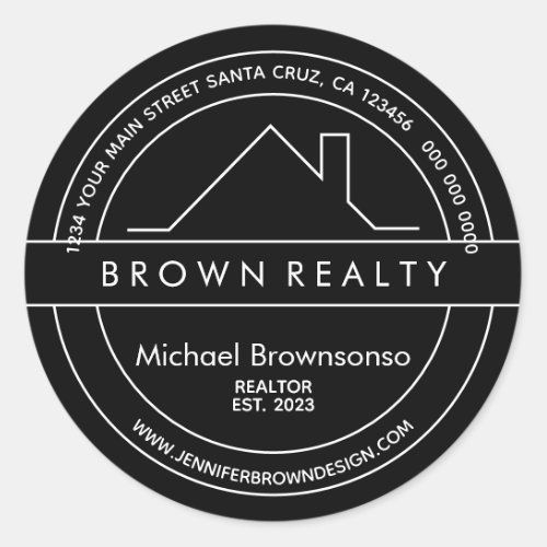 House Roof Logo Real Estate Agent black simple Classic Round Sticker