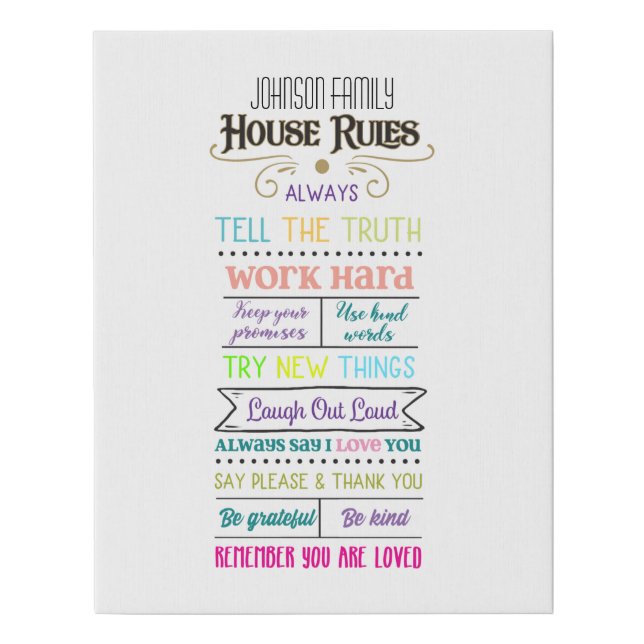 House Rules with Family Name Faux Canvas Print (Front)