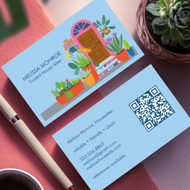 House Sitter Cute Front Door Custom QR Code Business Card (House Sitter Home Services House Cleaning Cute Front Door Custom QR Code Business Card
)