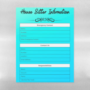 House Sitter Info Emergency, Contact & To-Do's Mag Magnetic Dry Erase Sheet