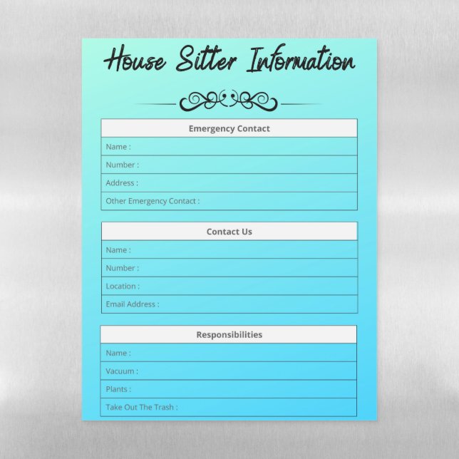 House Sitter Info Emergency, Contact & To-Do's Mag Magnetic Dry Erase Sheet (Vertical)