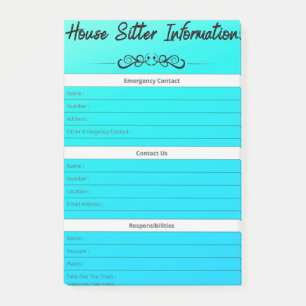 House Sitter Info Emergency, Contact & To-Do's Mag Post-it Notes