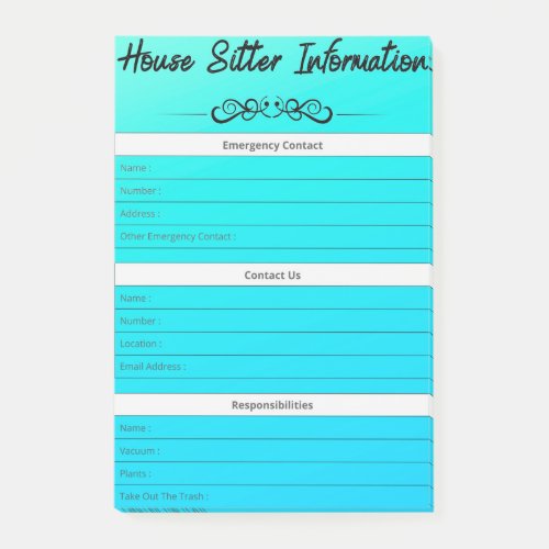 House Sitter Info Emergency Contact  To_Dos Mag Post_it Notes