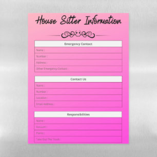 House Sitter Info Emergency, Contact & To-Do's Magnetic Dry Erase Sheet