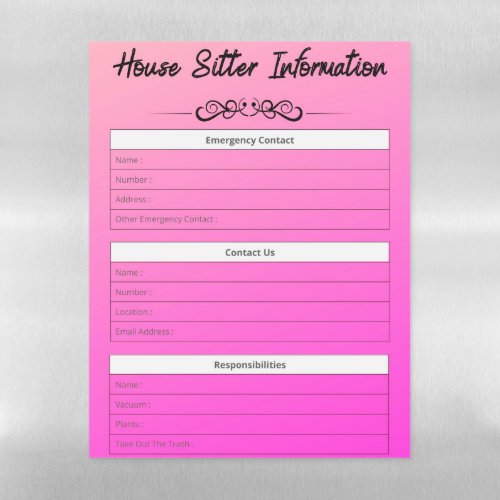 House Sitter Info Emergency Contact  To_Dos Magnetic Dry Erase Sheet