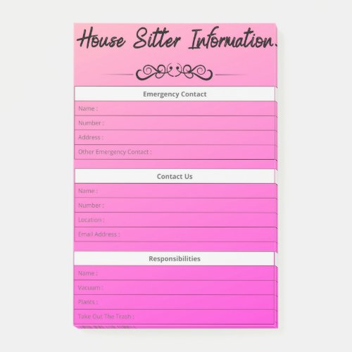 House Sitter Info Emergency Contact  To_Dos  Post_it Notes