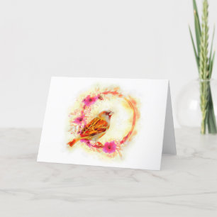House sparrow & flower wraith watercolor painting holiday card