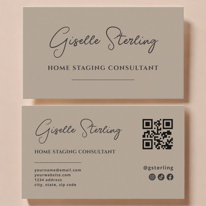 House Staging Neutral Taupe Script QR Code Business Card