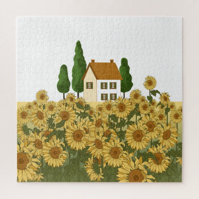 House Sunflowers Field Vintage Illustration Jigsaw Puzzle (Vertical)