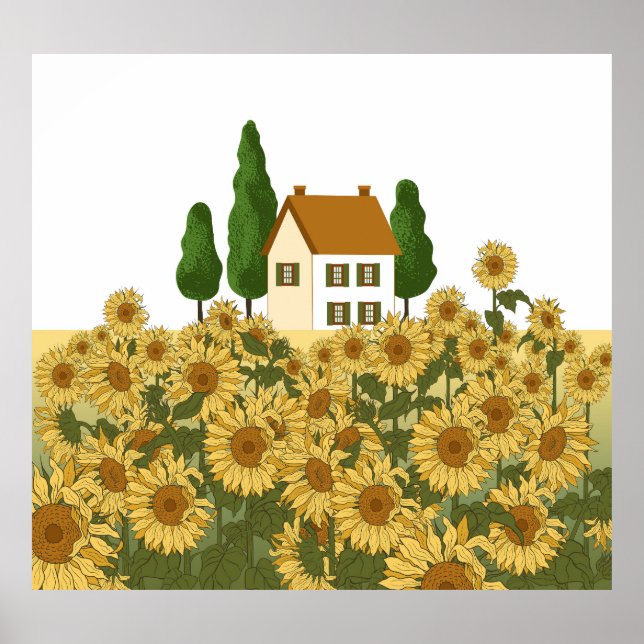 House Sunflowers Field Vintage Illustration Poster (Front)