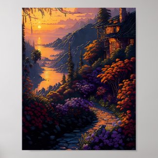  House Surrounded by Flowers and Mountains