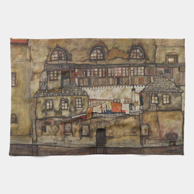 House Wall on River by Egon Schiele Kitchen Towel (Horizontal)