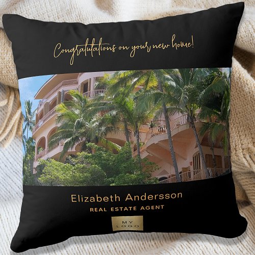 House warming black gold real estate agent photo throw pillow