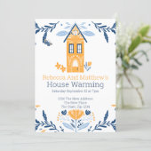 House Warming Hygge Blue Yellow House and Flowers Invitation (Standing Front)