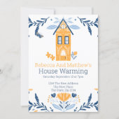 House Warming Hygge Blue Yellow House and Flowers Invitation (Front)