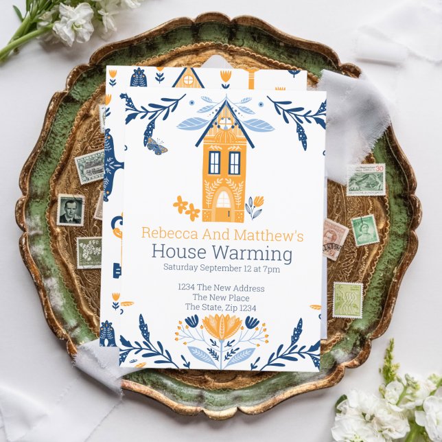 House Warming Hygge Blue Yellow House and Flowers Invitation
