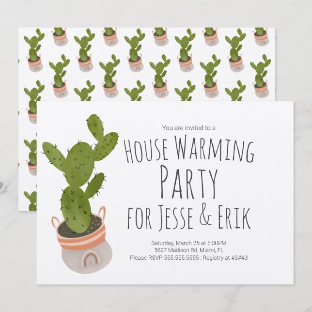 House Warming Party Cactus Plant Pot Hand Drawn  Invitation (Front/Back)
