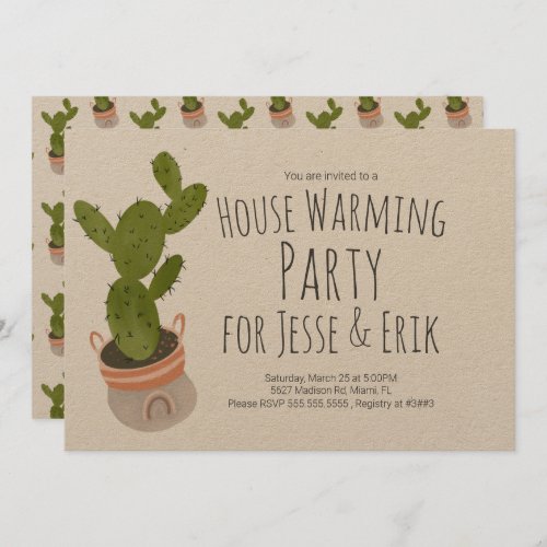 House Warming Party Cactus Plant Pot Hand Drawn  Invitation