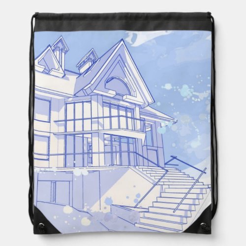 house watercolor draw drawstring bag