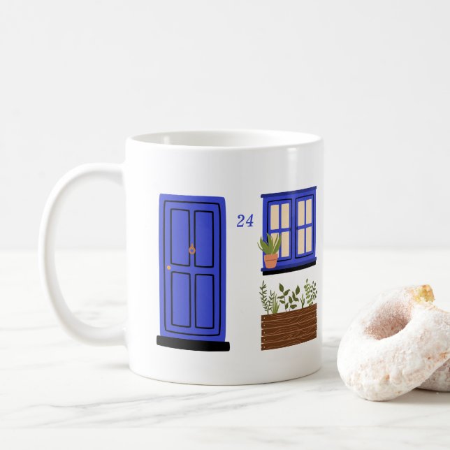 House with Blue Door with Custom Quote Coffee Mug (With Donut)