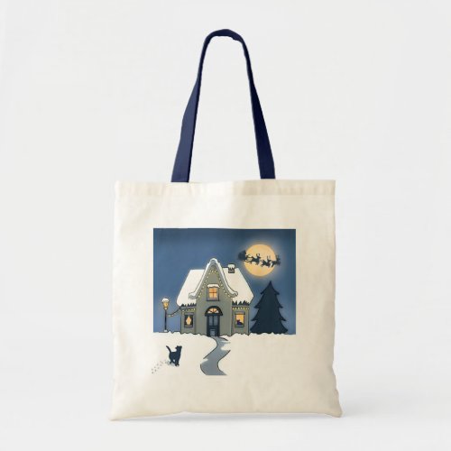 House with Cat on a Snowy Christmas Night Tote Bag