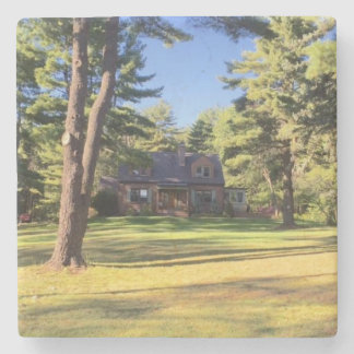 House with Pine Trees Stone Coaster