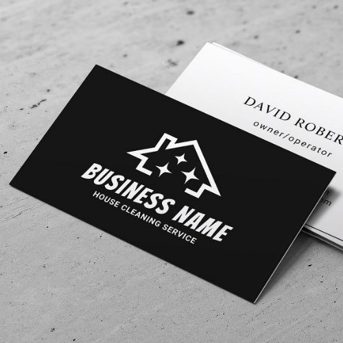 House with Sparkles Plain Black Cleaning Service  Business Card