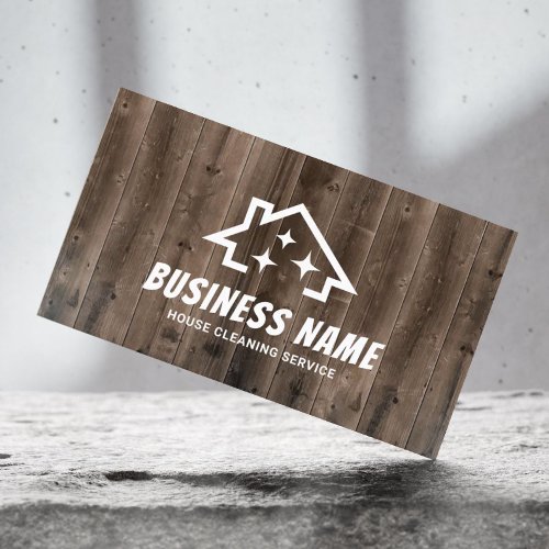House with Sparkles Rustic Wood Cleaning Service  Business Card