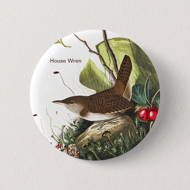 House Wren by John James Audubon, Birdwatcher Bird Button (Front)