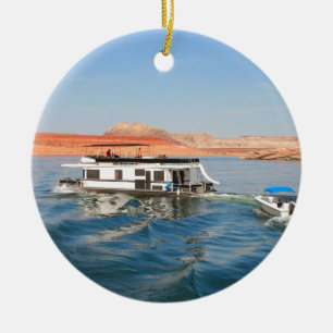 Houseboat making waves, Lake Powell, Arizona Ceramic Ornament