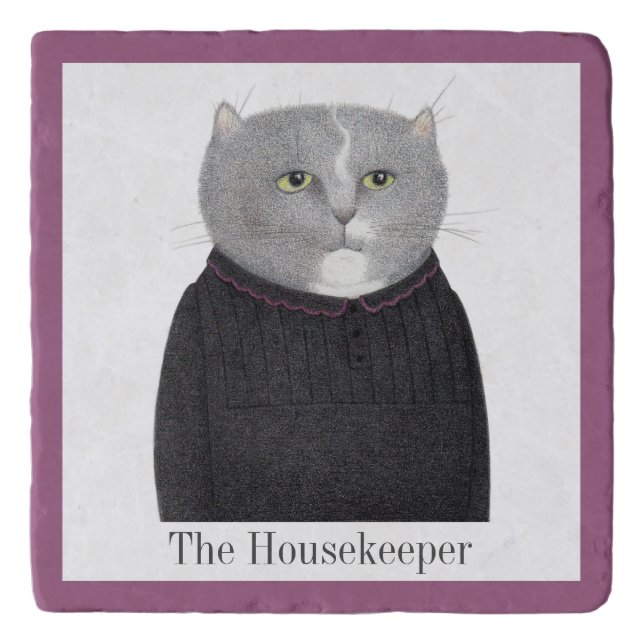 HOUSEKEEPER CAT Marble Stone Trivet + Text (Front)